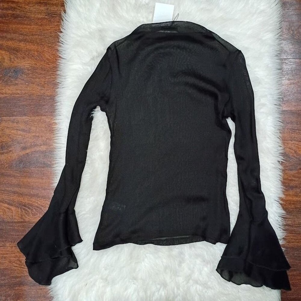 Zara Black Sheer Blouse With Ruffle Cuffs Womens S - Picture 3 of 10